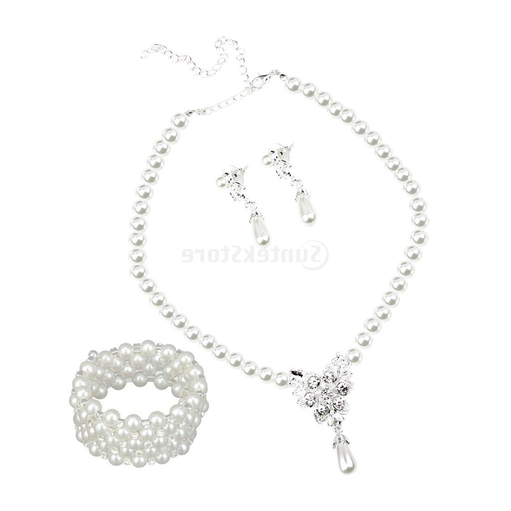 Charm Crystal Pearl Necklace Earrings Bracelet Wristband Wedding Jewelry Set