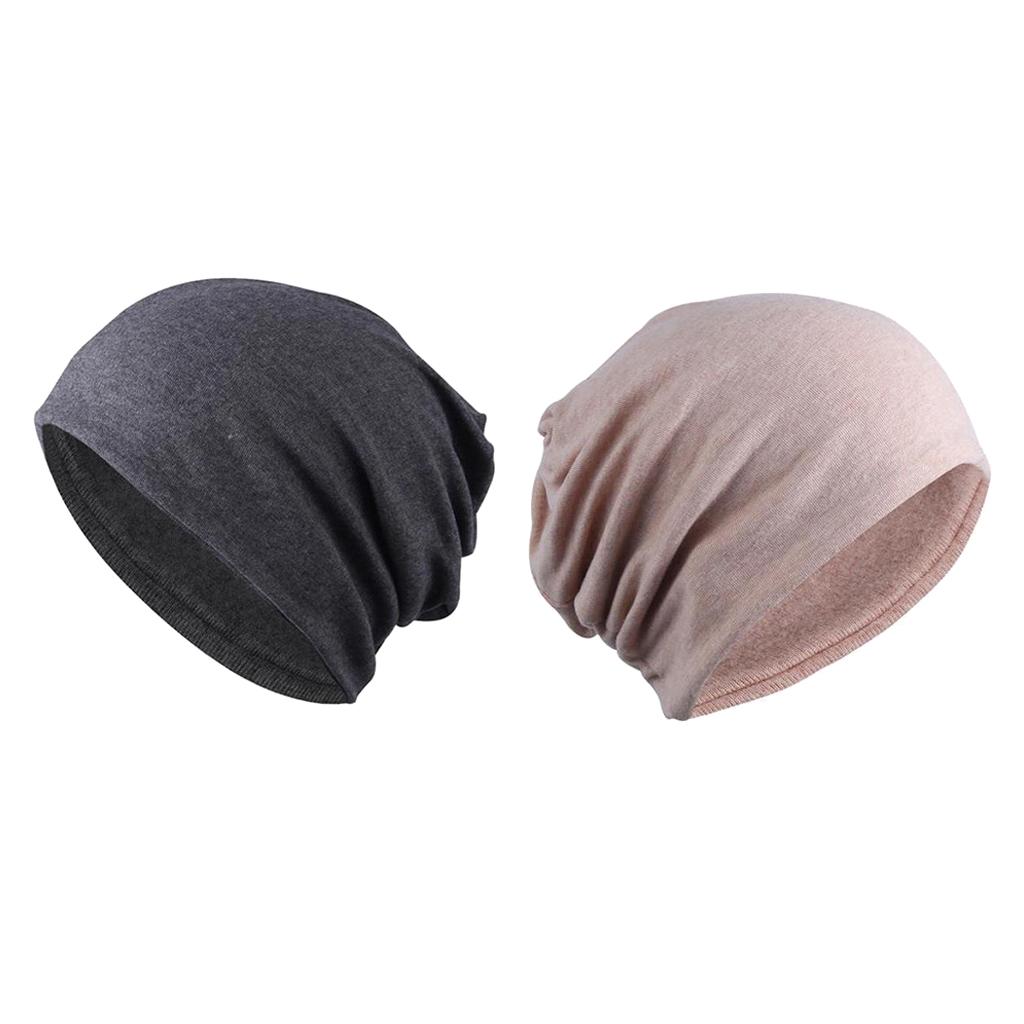 2 Pieces Cotton Slouchy Baggy Beanie Chemo Hat Slouchy Cap Khaki+Gray