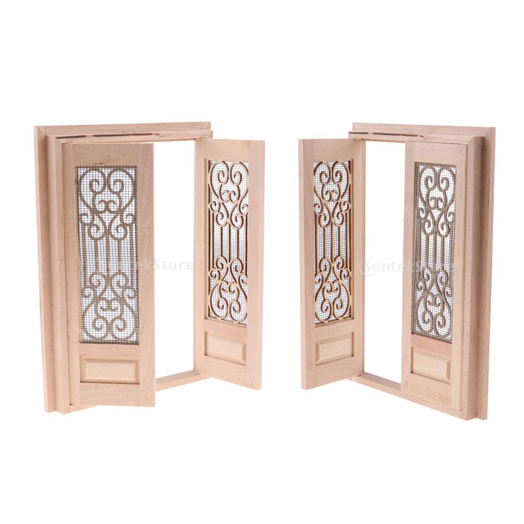 2pcs 1/12 Dollhouse Miniature Wood External Hollow Screen Door Unpainted