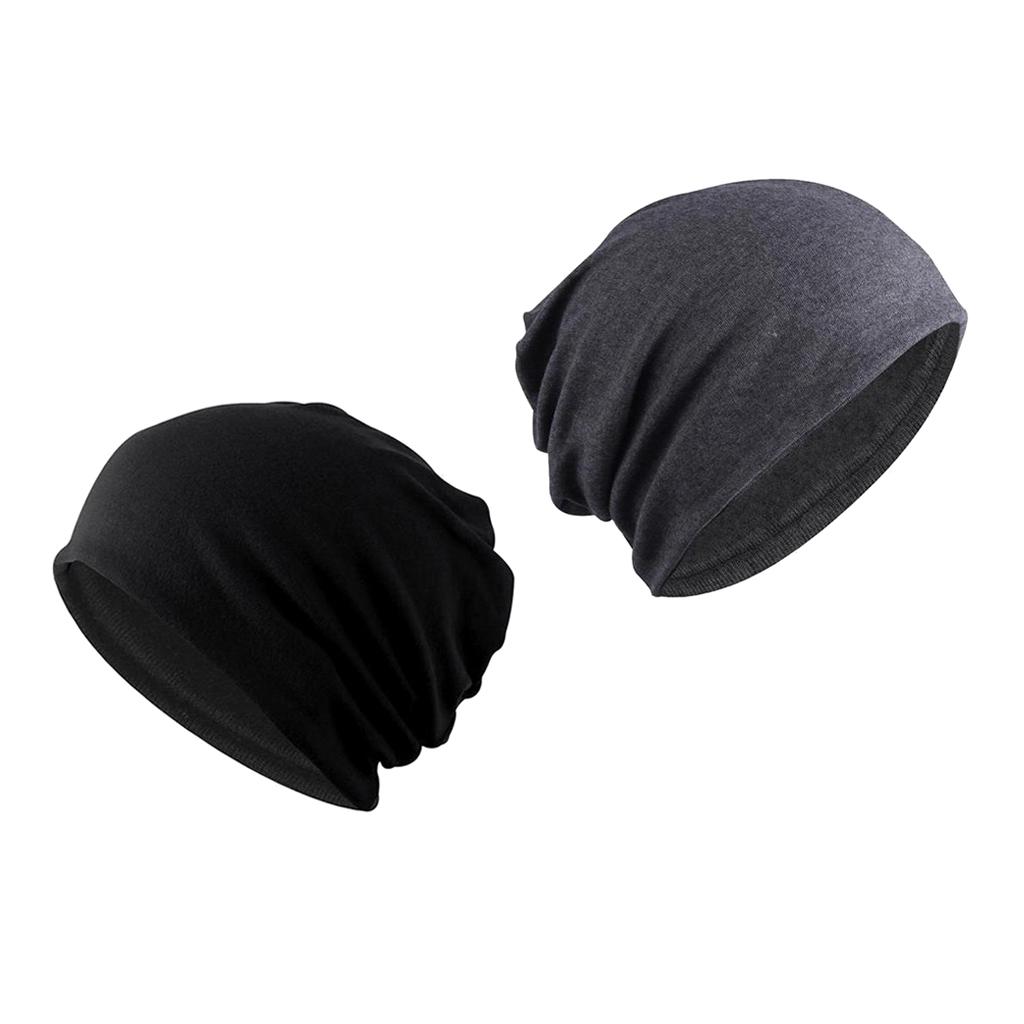 2 Pieces Cotton Slouchy Baggy Beanie Chemo Hat Slouchy Cap Black+Gray