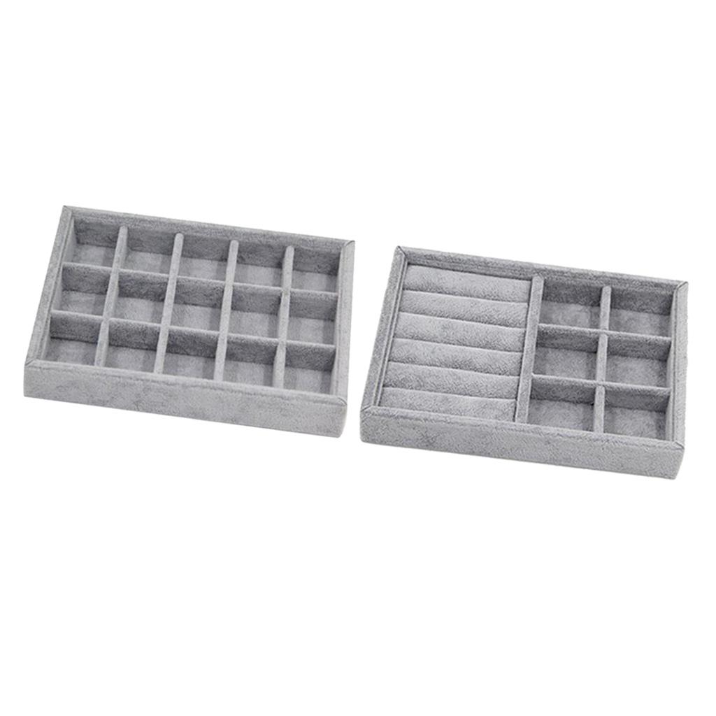 2 pcs Gray Velvet Stackable Jewelry Display Tray Case Boxes