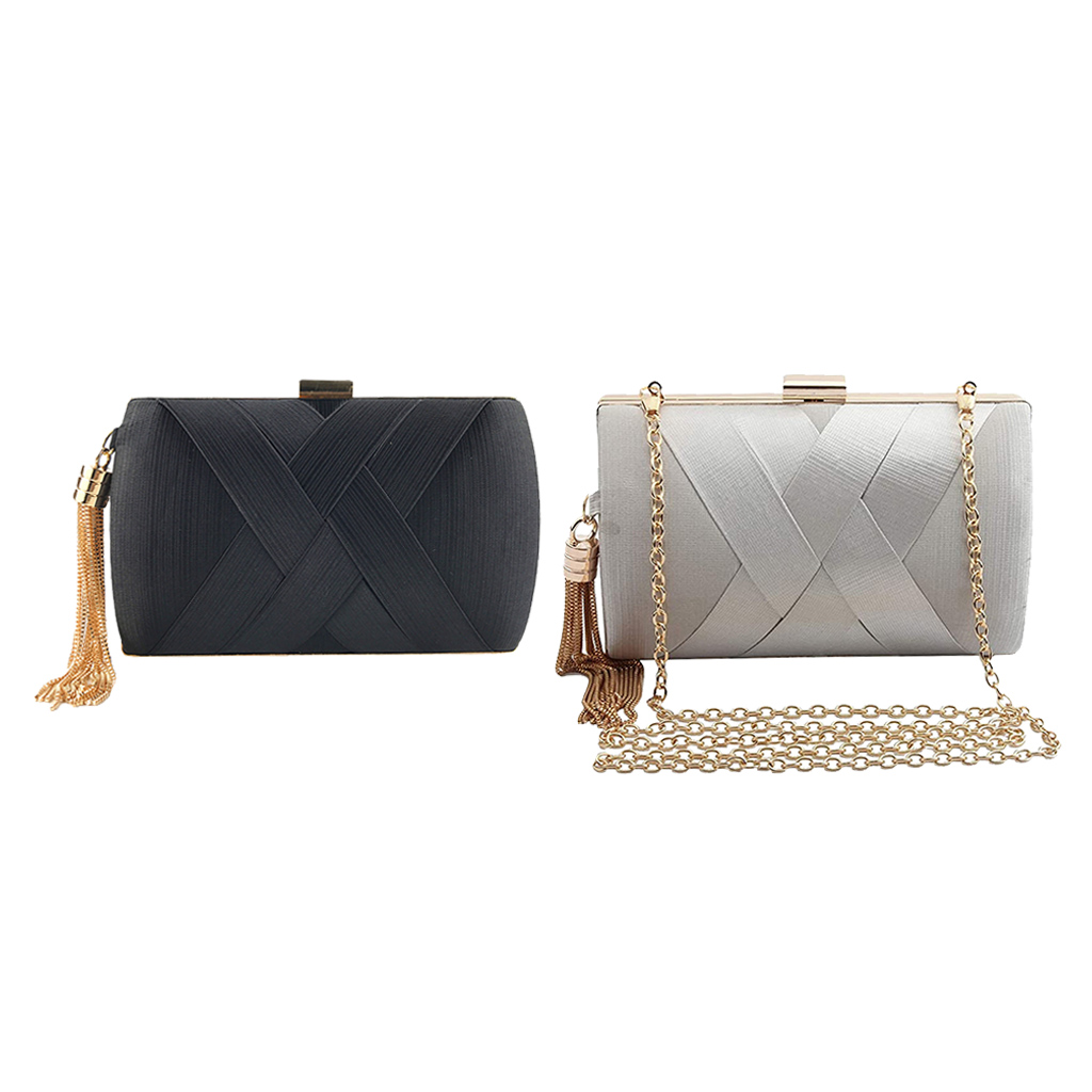 2x Womens Elegant Tassel Pendant Silk Evening Party Clutch Bag Black+Silver