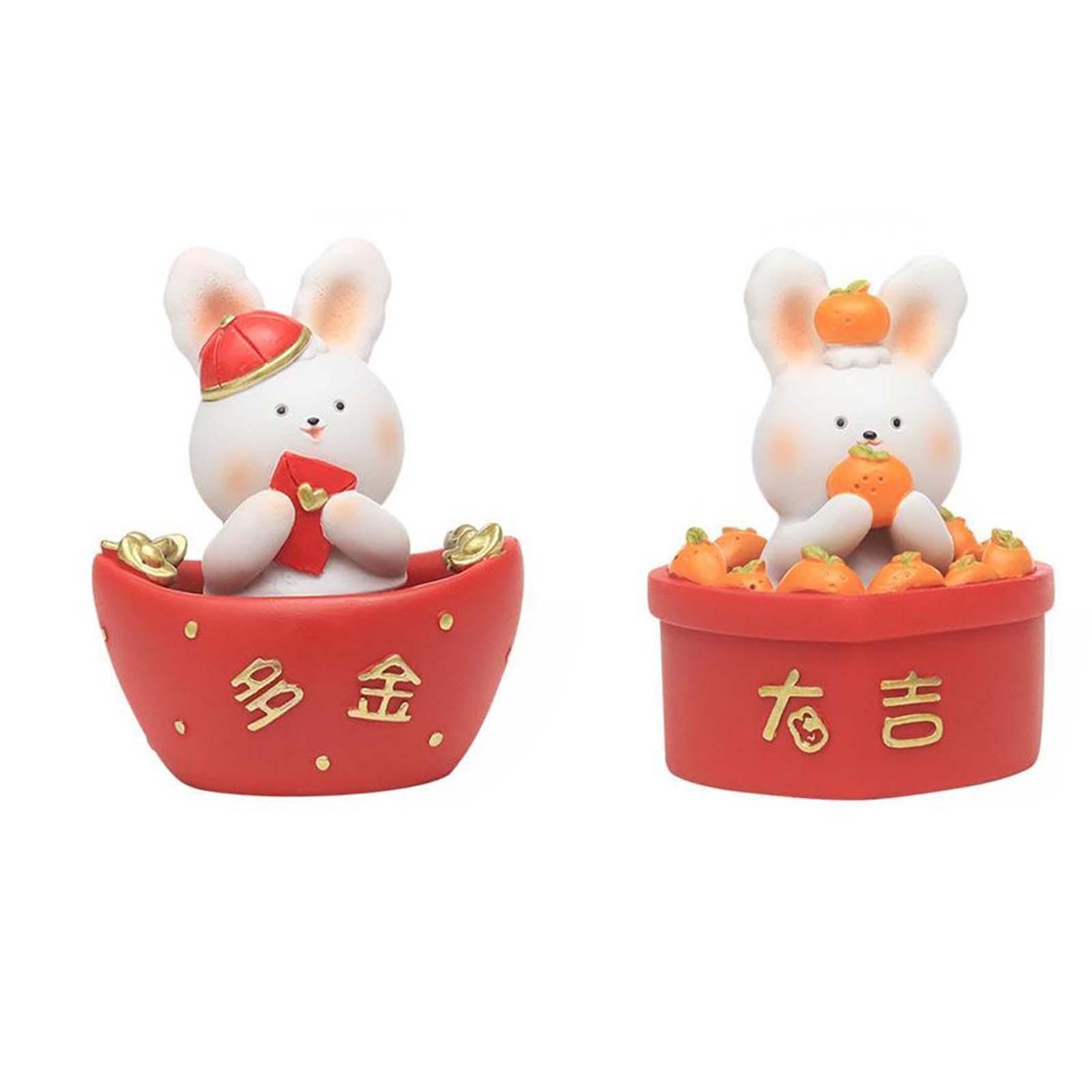 2Pieces Chinese Rabbit Statue Figurine Desktop Shaking Head Bunny Style C