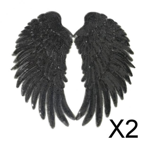 2x3D Feather Wings Sequin Patches for Clothes Hats Bags Embellishment Black
