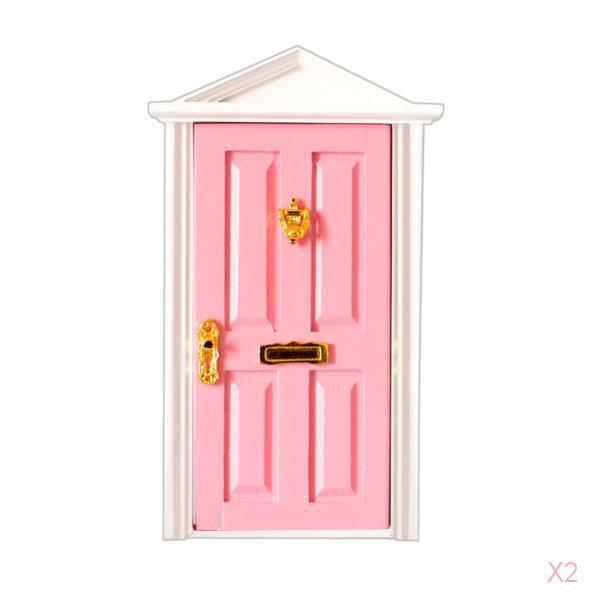 1:12 Dolls House Miniature Pink Wooden Steepletop Door with Hardware 