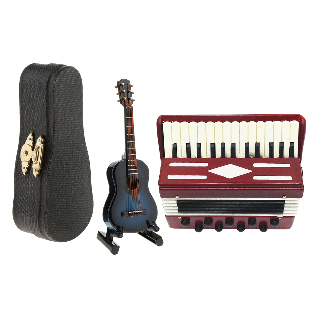 Dollhouse Wooden Accordion Guitar Miniature Musical Instrument Collection