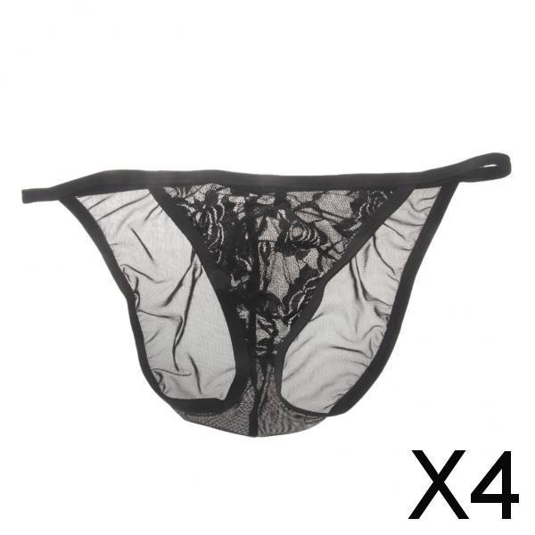 4xMens Sexy Bikini T-Back Underwear Lace Thong G-string Lingerie Black