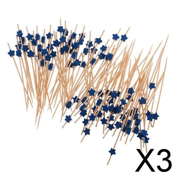 3x100 Pieces Star Cocktail Picks Drink Stirrer Fruit Cake Food Sticks Blue