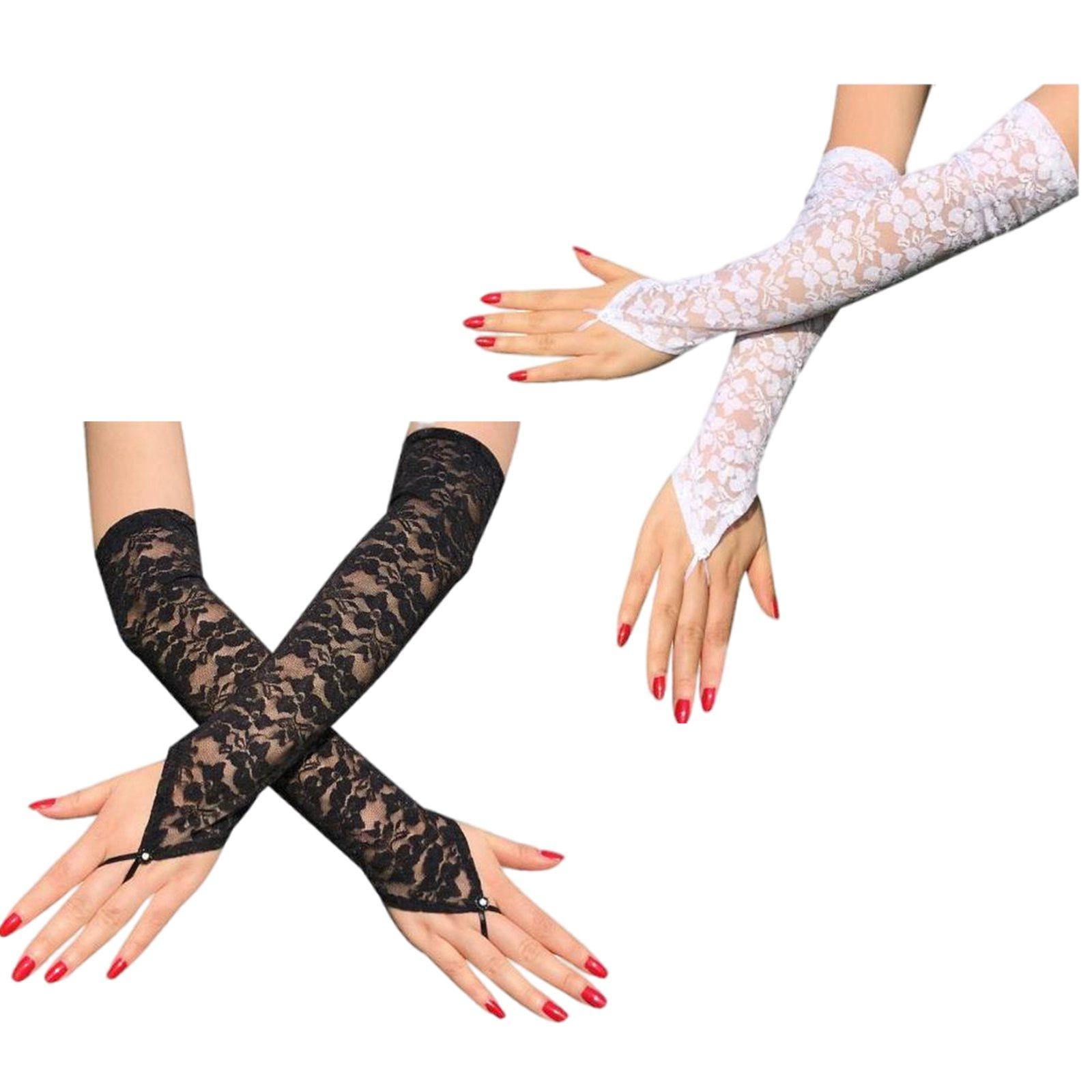 2Pairs Women Lace Floral Mesh Gloves Costume Party Fingerless Long Mittens