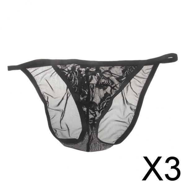 3xMens Sexy Bikini T-Back Underwear Lace Thong G-string Lingerie Black