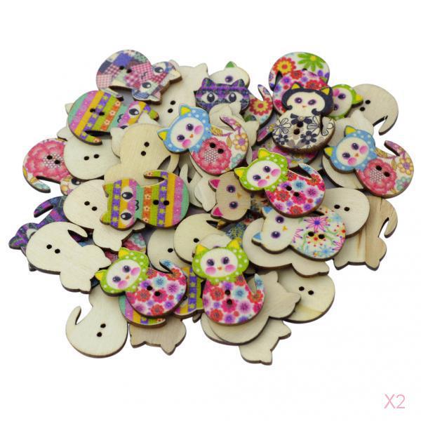 100Pcs Mixed Painted Wood Buttons Sewing Scrapbooking Cats Shaped 2 Holes