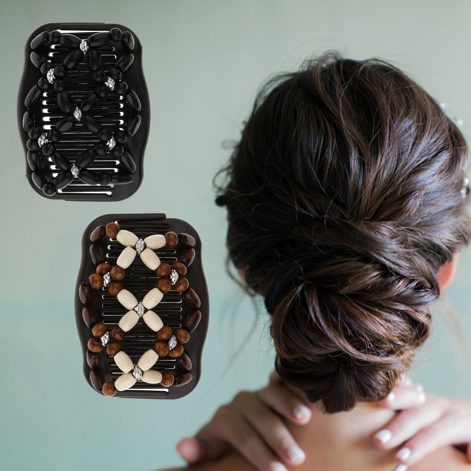 2Pack Elastic Double Hair Comb with Wooden Bead Hair Clip Hair Jewelry