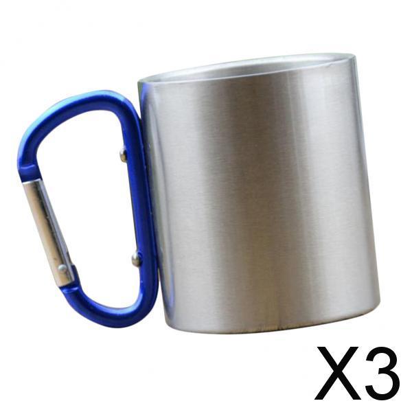 3xCarabiner Cups Camping Mug Outdoor Travel Metal Hiking Climbing 150ml Blue