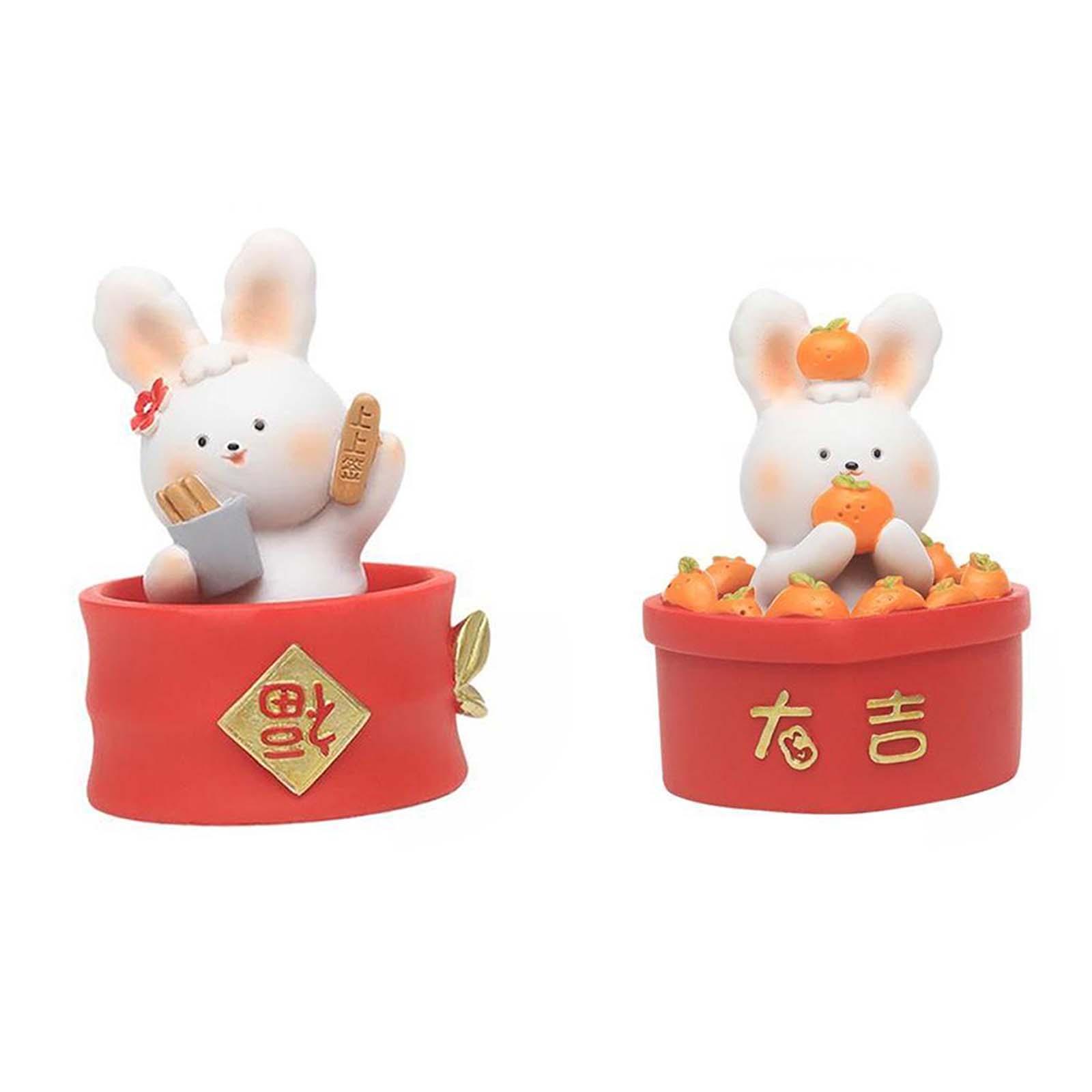 2Pieces Chinese Rabbit Statue Figurine Desktop Shaking Head Bunny Style E