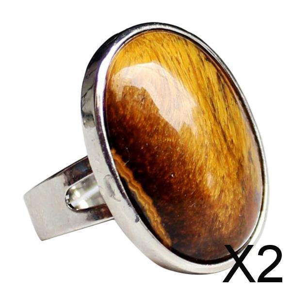 2xNatural Crystal Oval Gemstone Wedding Finger Ring Adjustable Band Yellow