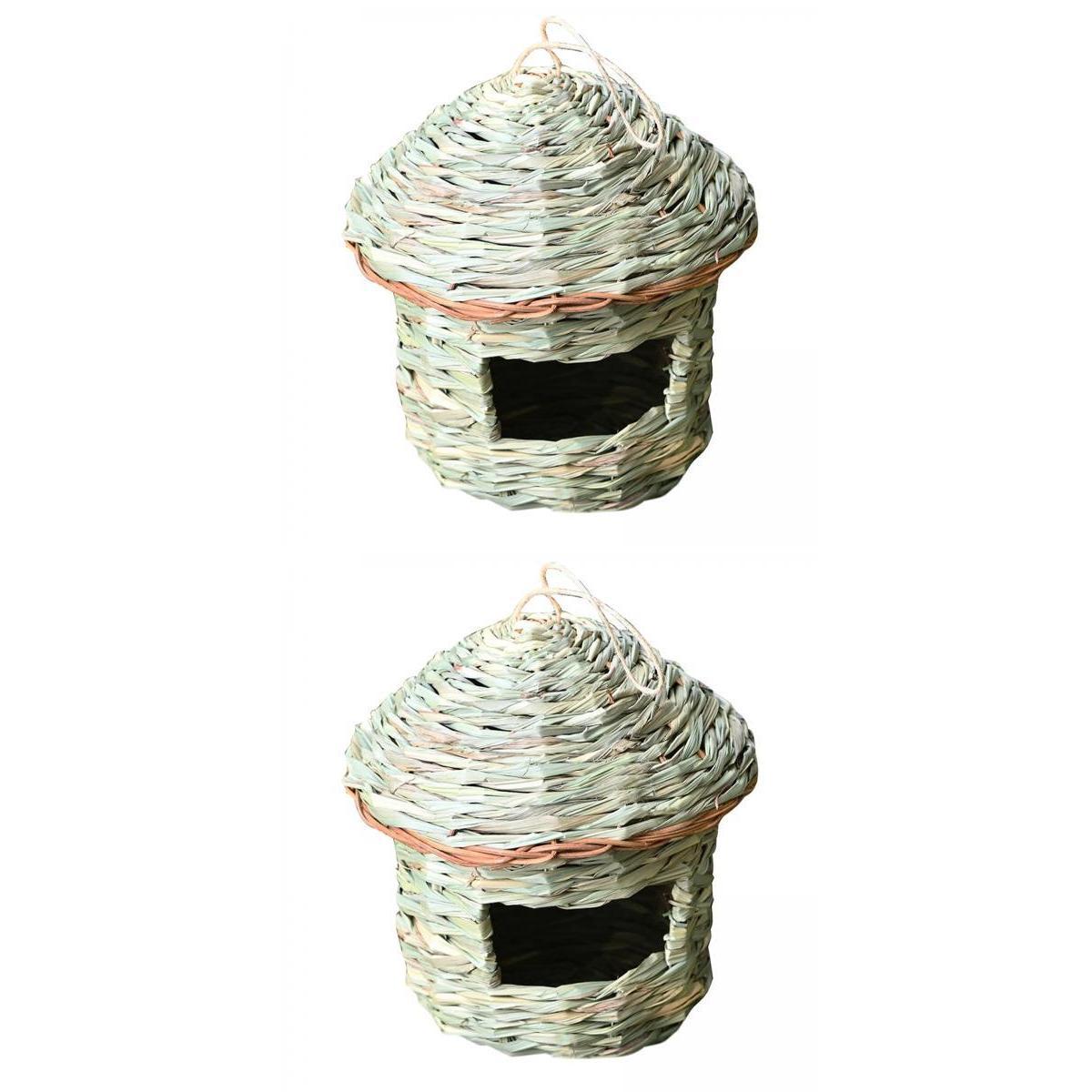 2x Handcrafted Grass Hanging Birdhouse Straw Bird Nest Hut Natural 