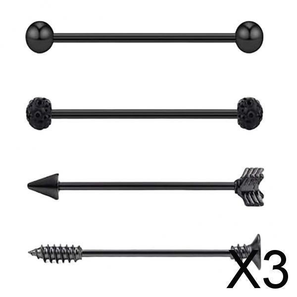 3x4 Pieces Stainless Steel Industrial Barbell Earrings Black