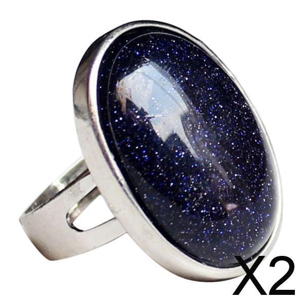 2xNatural Crystal Oval Gemstone Wedding Finger Ring Adjustable Band Black