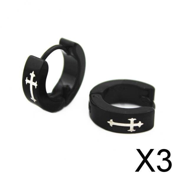 3xFashion Jewelry Men Cross Pattern Black Hoop Small Huggie Earrings