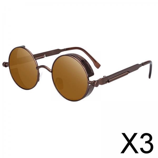 3xSteampunk Retro Round Circle Sunglass Metal Frame UV Protection Tawny
