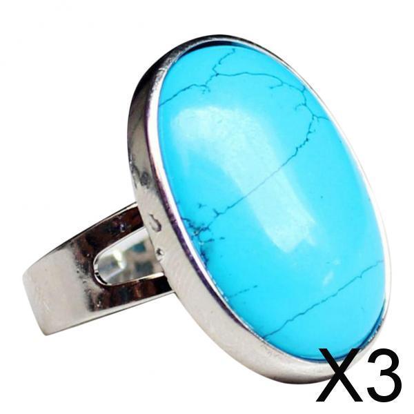 3xNatural Crystal Oval Gemstone Wedding Finger Ring Adjustable Band Blue