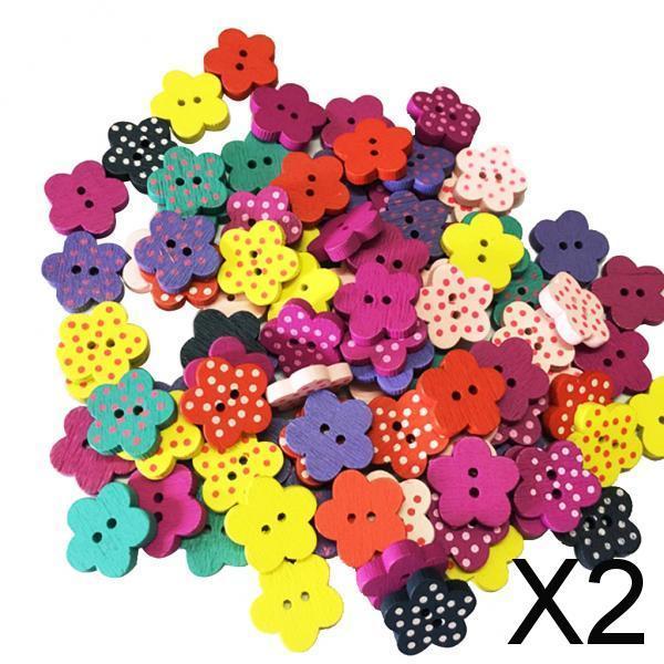 2x100 Pieces Mixed Wood Sewing Buttons Flower Dots for DIY Scrapbooking