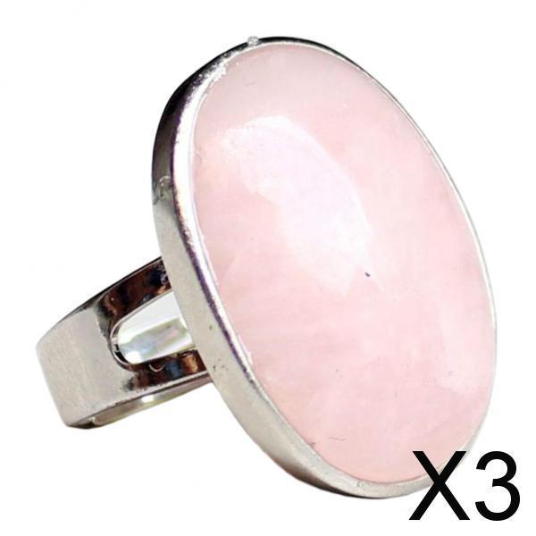 3xNatural Crystal Oval Gemstone Wedding Finger Ring Adjustable Band Pink