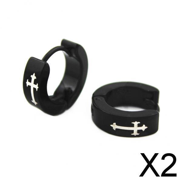 2xFashion Jewelry Men Cross Pattern Black Hoop Small Huggie Earrings