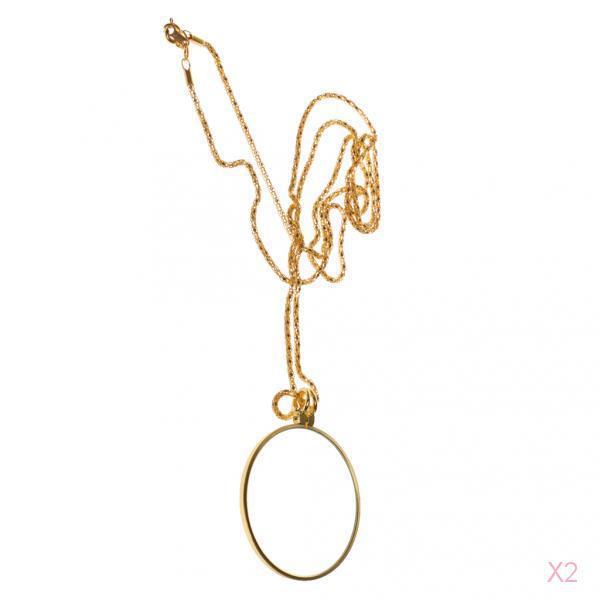 2x Round Magnifying Glass Pendant Accessory 90cm Golden Chain Necklace Jewelry