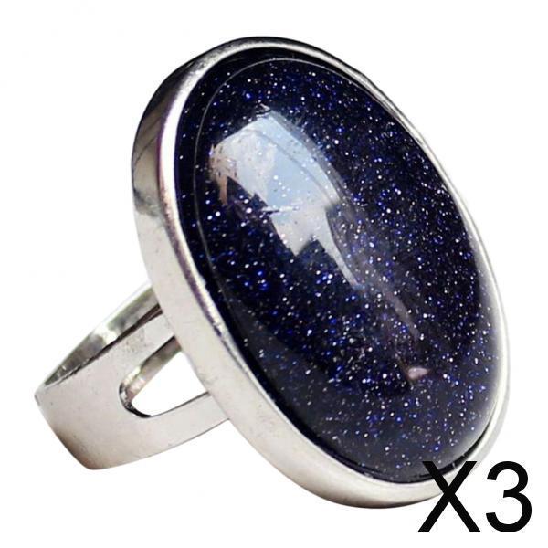 3xNatural Crystal Oval Gemstone Wedding Finger Ring Adjustable Band Black