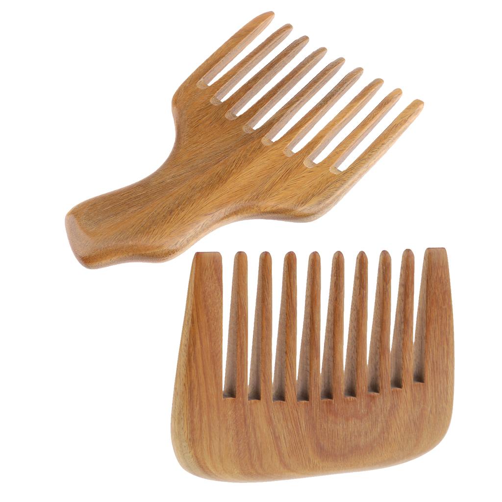 2x Natural Wood Wide Tooth Comb Detangler Brush Anti Static Green Sandalwood