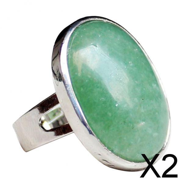 2xNatural Crystal Oval Gemstone Wedding Finger Ring Adjustable Band Green