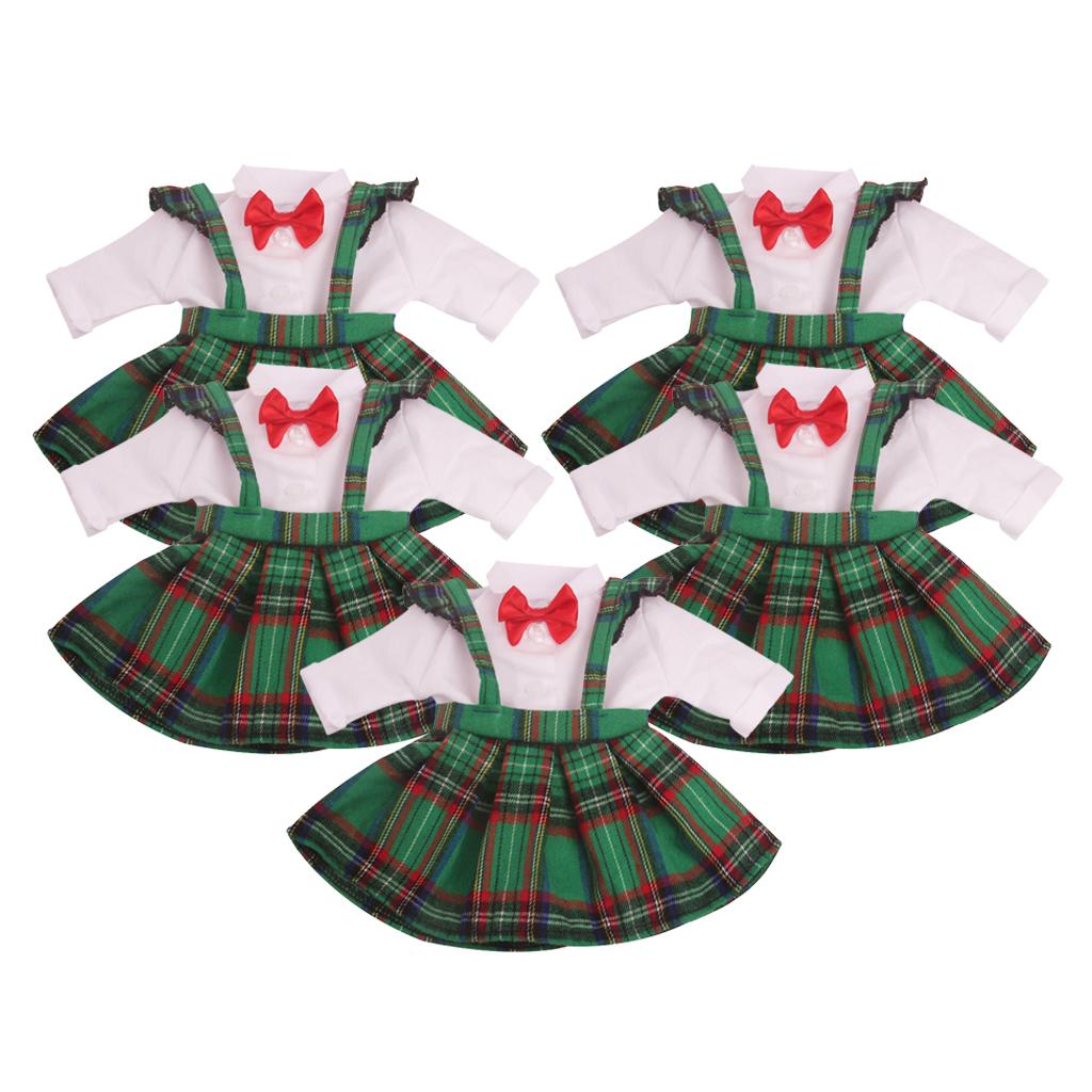 For 18in    Plaid Skirt Shirt Suit Doll Costume Soft 5pcs Green