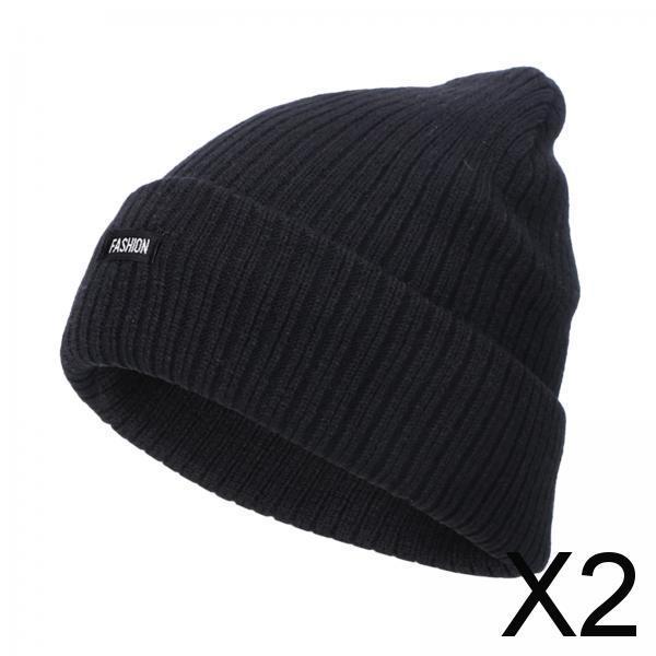 2xAdult Knit Beanie Warm Mens Cold Weather Cotton Slouchy Caps Winter Black
