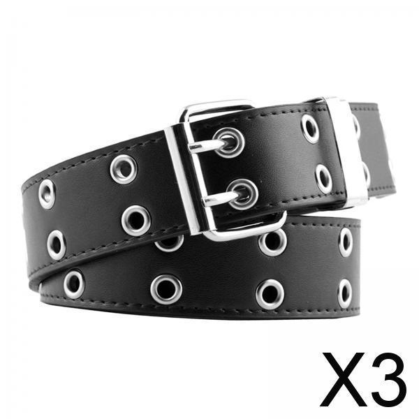 3xWomen Punk Belt Double Grommet Leather Jeans Waist Strap Black