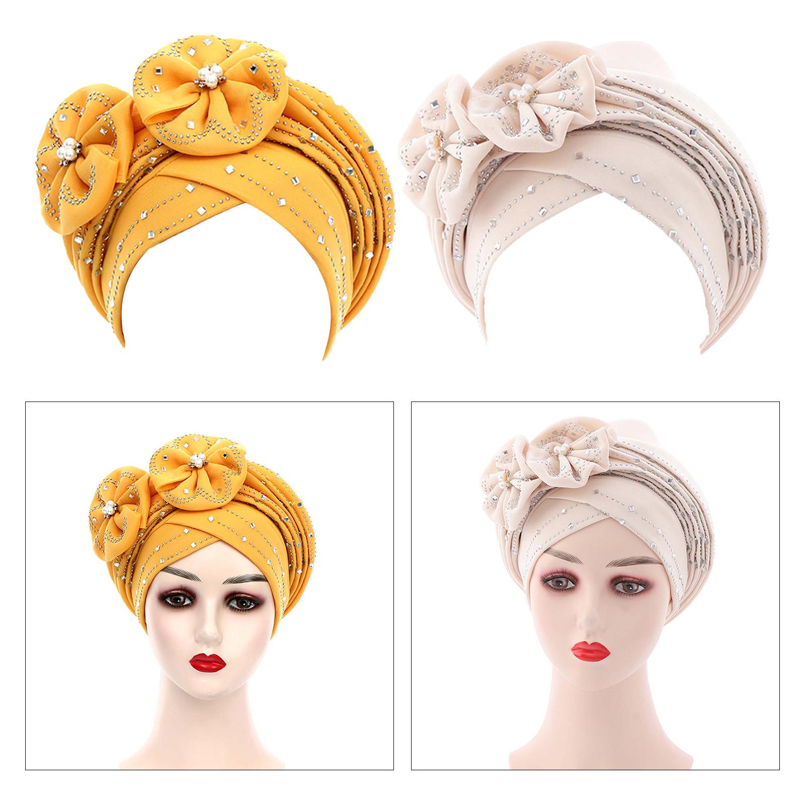 African Turban Womens Head Wrap Muslims Head Scarf Beanie Yellow Beige