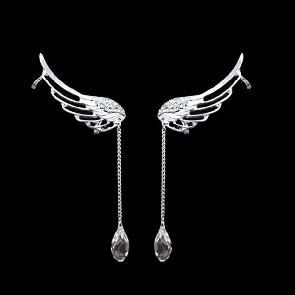 Angel Wing Crystal Chain Drop Dangle Ear Cuff Clip Earrings No Piercing