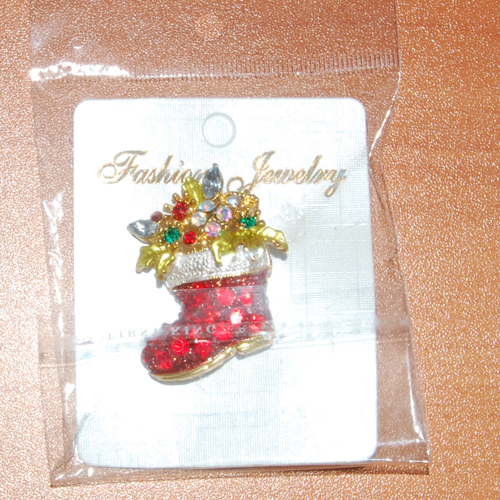 Gold-toned Christmas Boot Crystal Brooch Pin