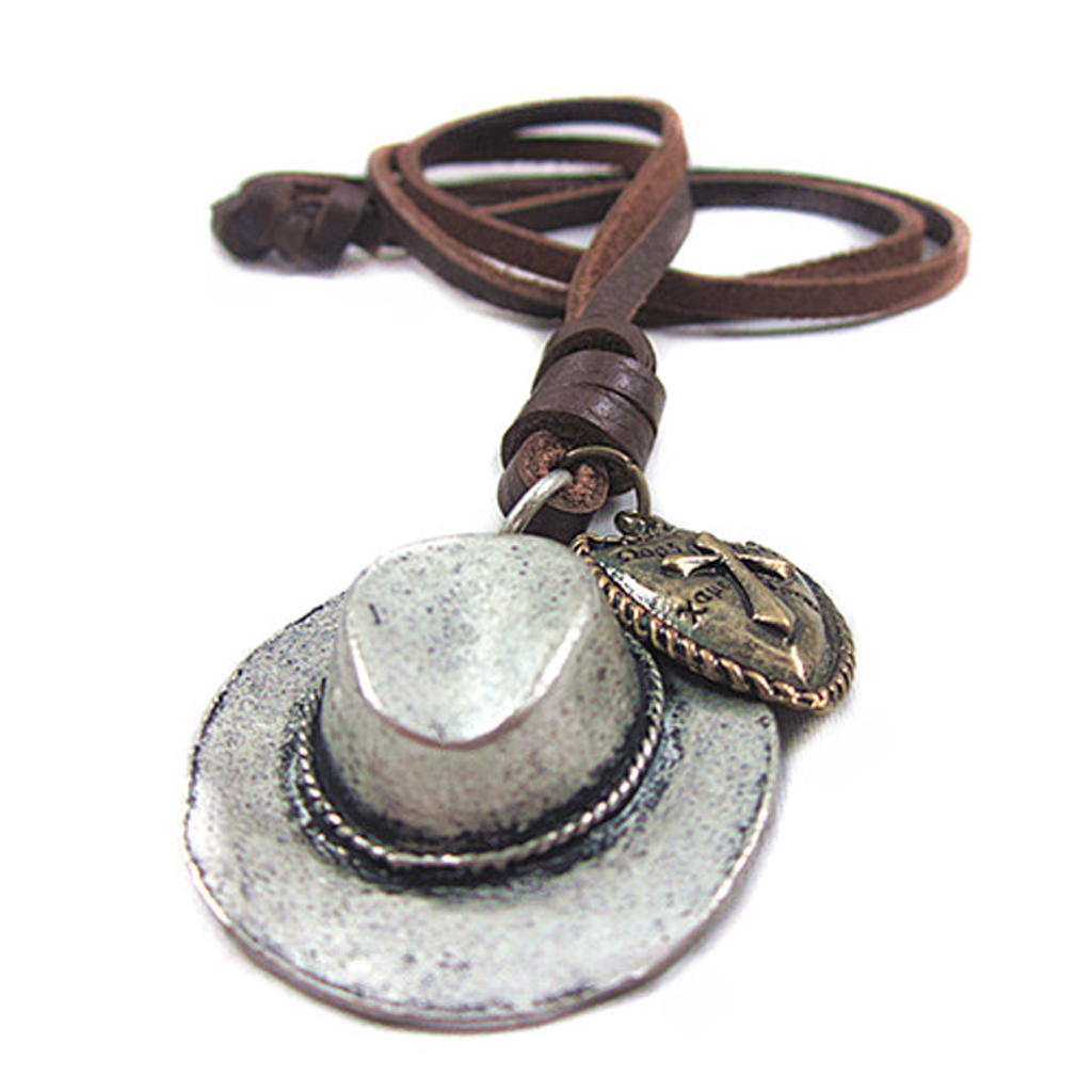 Vintage Unisex Artificial Leather Necklace Chain England Hat Cap Pendant 