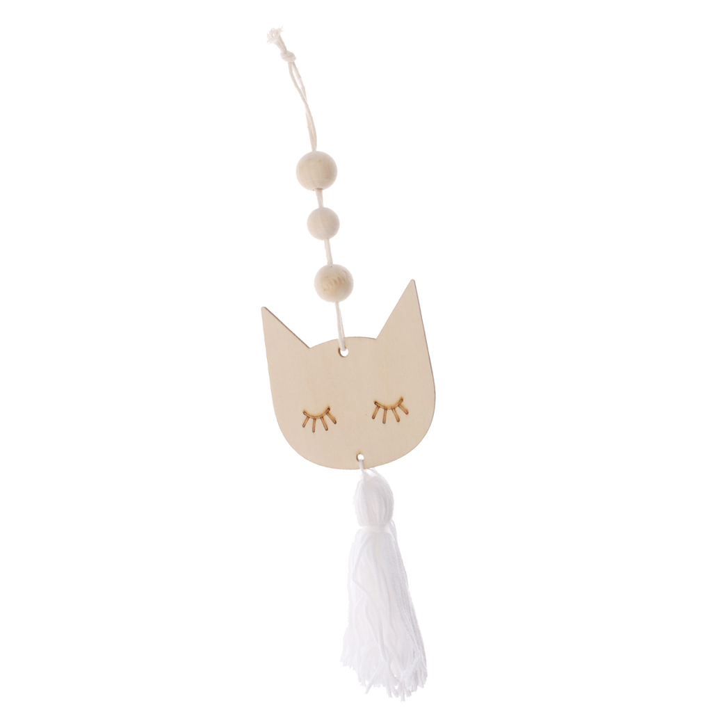 Nordic Wooden Beads Tassel Pendant Girls Wall Hanging Ornament Cat White