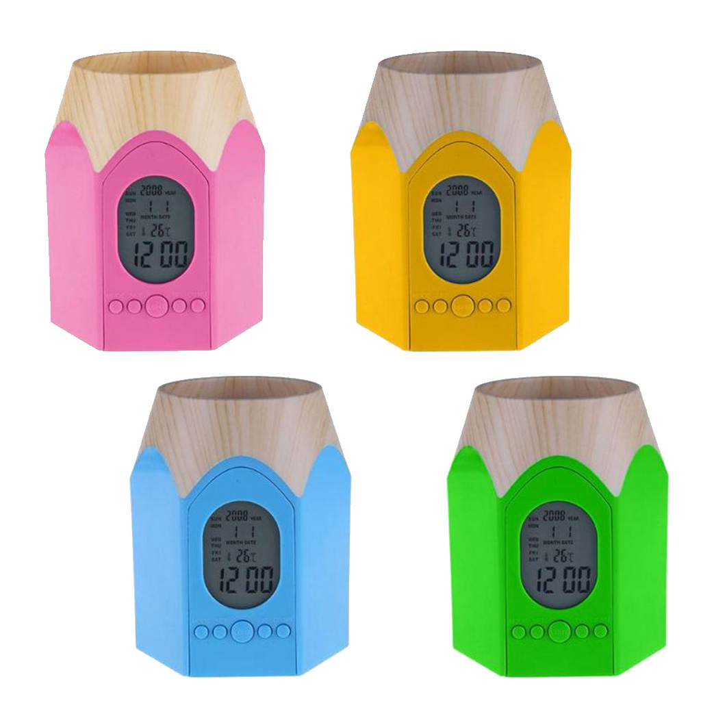 Digital Calendar LCD Clock Alarm Desktop Stationery Pen Pencil Holder Pink
