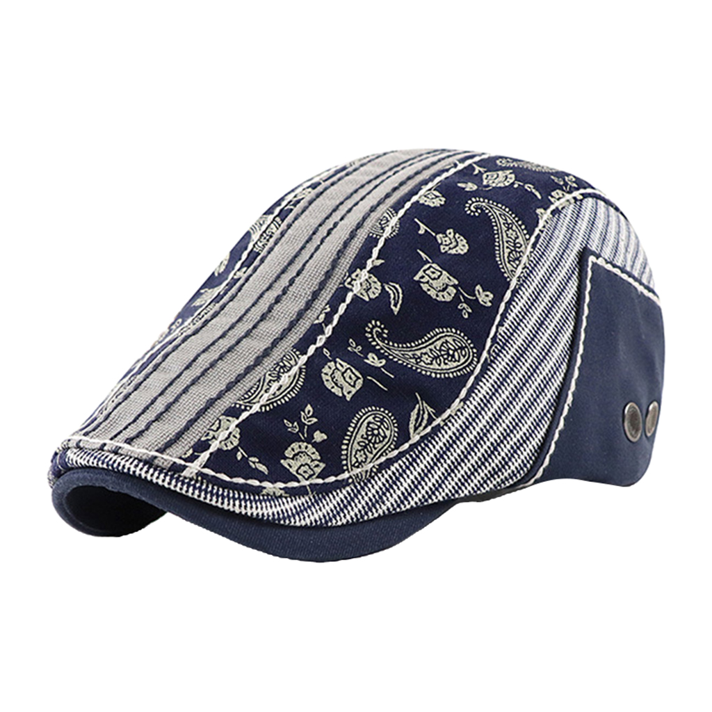 Mens Cotton Newsboy Cap Paisley Patch Block Flat Cap, Adjustable Dark Blue
