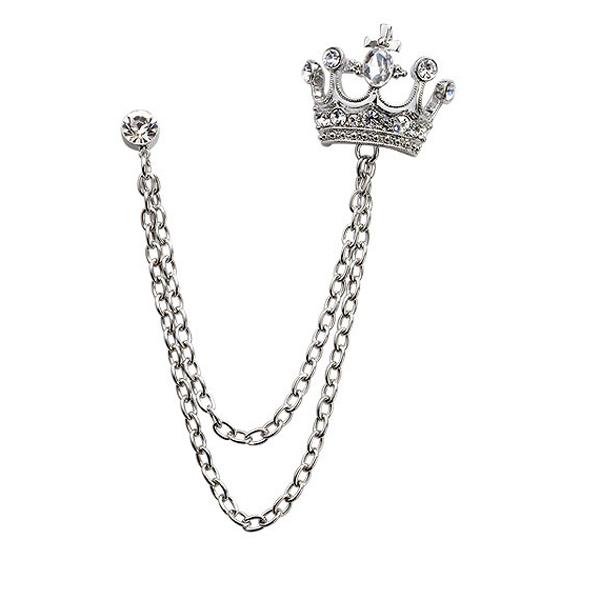 Crystal Rhinestone Crown with Layer Chain Tassels Brooch Lapel Pin Coat Suit