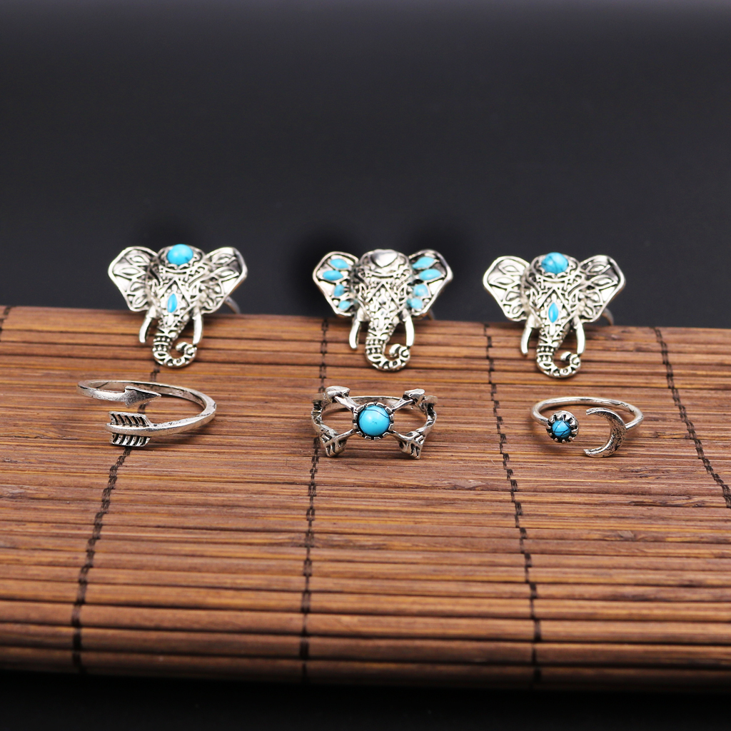 6Pcs Boho Turquoise Elephant Moon Midi Finger Tip Knuckles Rings Silver