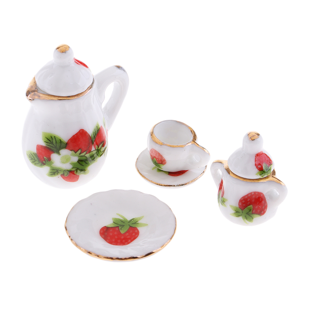 Dollhouse Miniature Dining Ware Porcelain Tea Set 15pc White with Strawberry