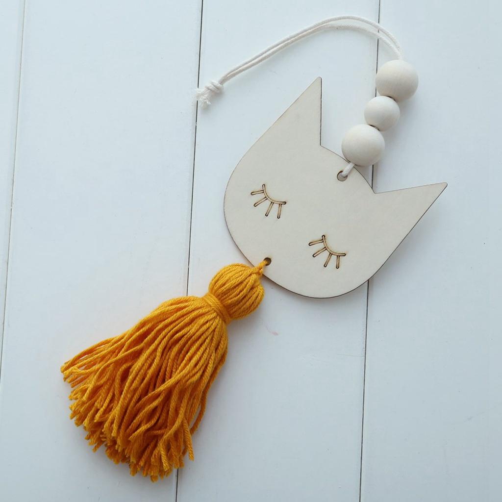 Nordic Wooden Beads Tassel Pendant Girls Wall Hanging Ornament Cat Yellow