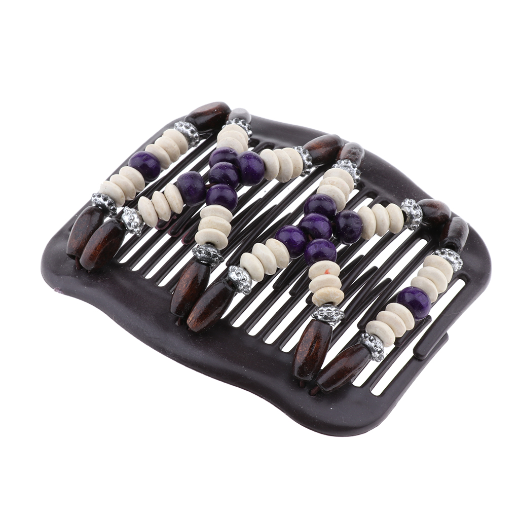 Wooden Beads Double Hair Comb Clip Purple