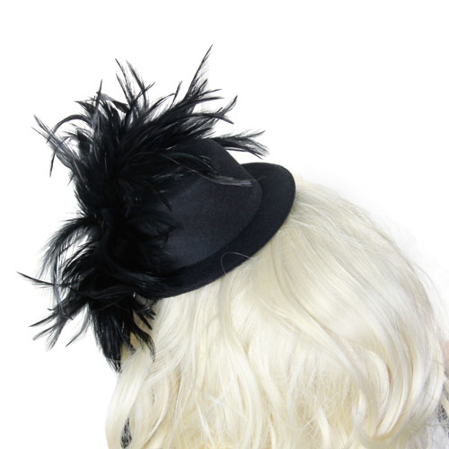 Ladies Mini Top Hat Costume Hair Clip w/ Feather - Black