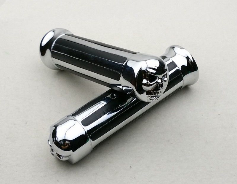 1 pair Motorcycle Skull Stripe Chrome Hand Grips Handle Bar 1''