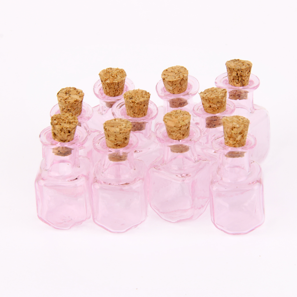 10pcs Pink Mini Glass Bottle Vials Bottle Pendant with Cork Stopper - Square